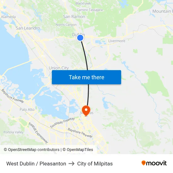 West Dublin / Pleasanton to City of Milpitas map