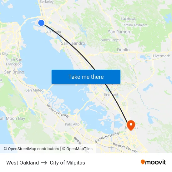 West Oakland to City of Milpitas map