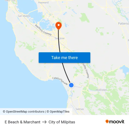 E Beach & Marchant to City of Milpitas map
