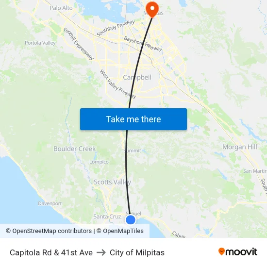 Capitola Rd & 41st Ave to City of Milpitas map