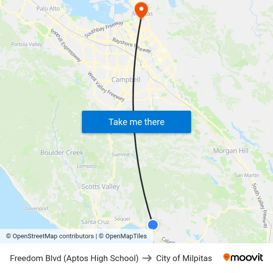 Freedom Blvd (Aptos High School) to City of Milpitas map
