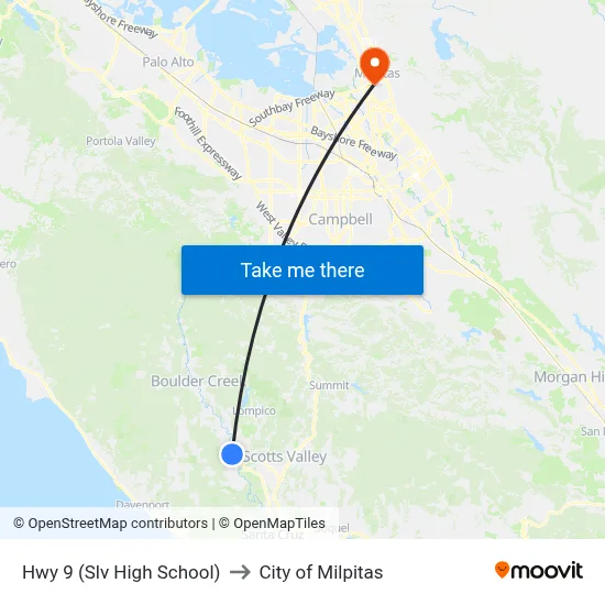 Hwy 9 (Slv High School) to City of Milpitas map
