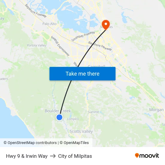 Hwy 9 & Irwin Way to City of Milpitas map
