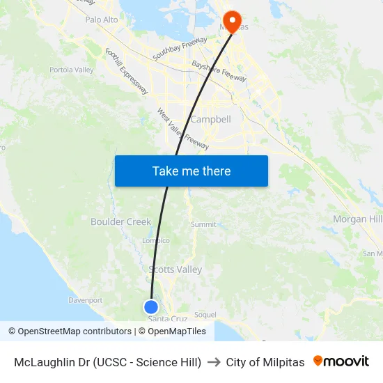 McLaughlin Dr (UCSC - Science Hill) to City of Milpitas map