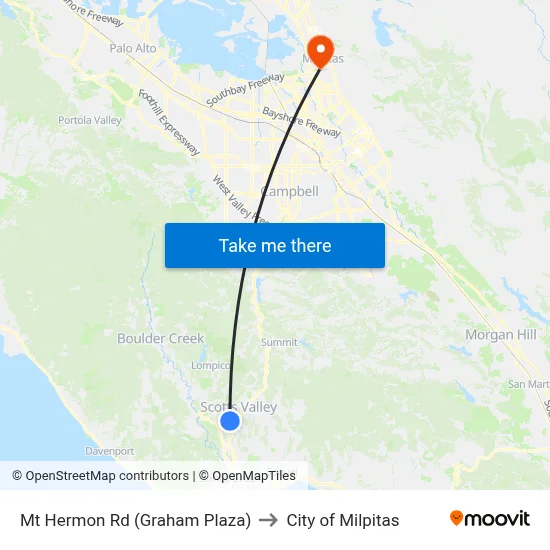 Mt Hermon Rd (Graham Plaza) to City of Milpitas map