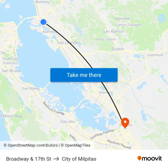 Broadway & 17th St to City of Milpitas map