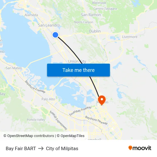 Bay Fair BART to City of Milpitas map