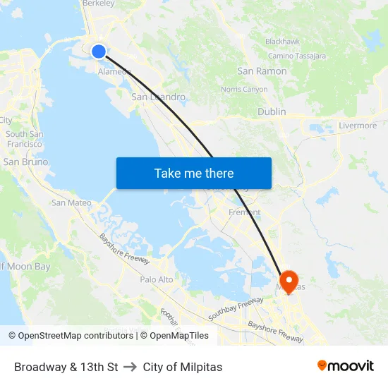 Broadway & 13th St to City of Milpitas map