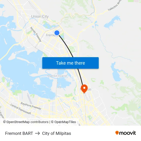 Fremont BART to City of Milpitas map