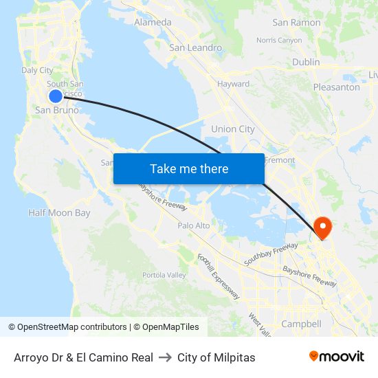 Arroyo Dr & El Camino Real to City of Milpitas map