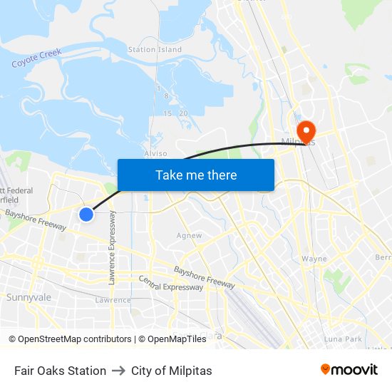 Fair Oaks Station to City of Milpitas map