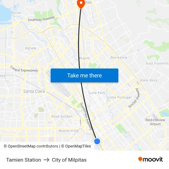 Tamien Station to City of Milpitas map