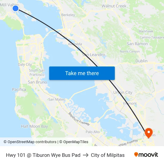 Hwy 101 @ Tiburon Wye Bus Pad to City of Milpitas map