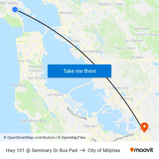 Hwy 101 @ Seminary Dr Bus Pad to City of Milpitas map