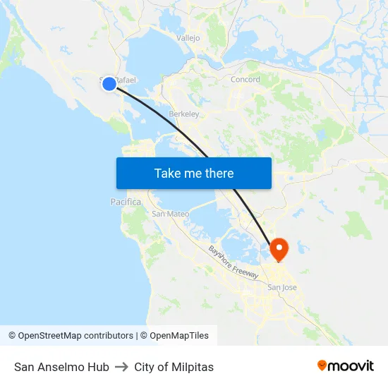 San Anselmo Hub to City of Milpitas map