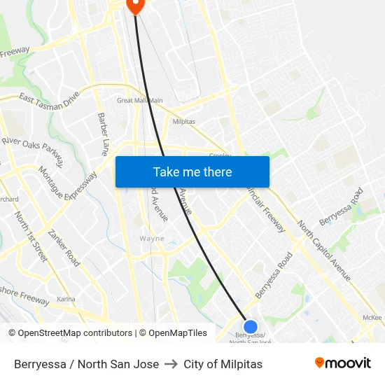Berryessa / North San Jose to City of Milpitas map
