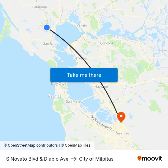 S Novato Blvd & Diablo Ave to City of Milpitas map