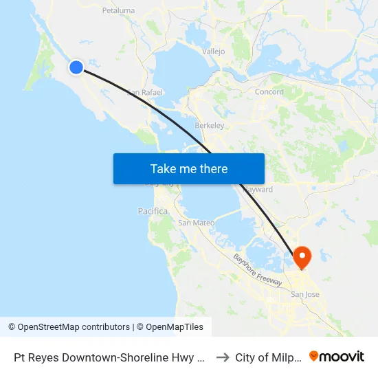 Pt Reyes Downtown-Shoreline Hwy & 3rd St to City of Milpitas map