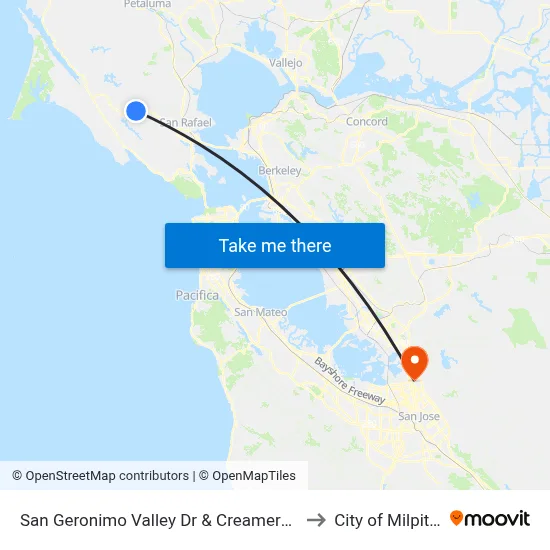 San Geronimo Valley Dr & Creamery Rd to City of Milpitas map