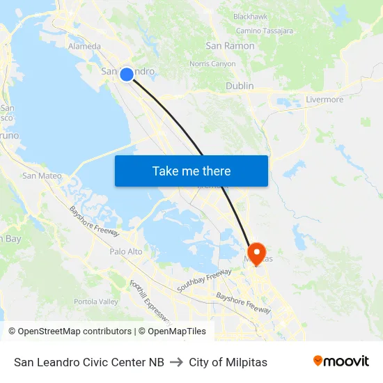 San Leandro Civic Center NB to City of Milpitas map