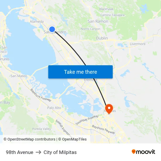 98th Avenue to City of Milpitas map