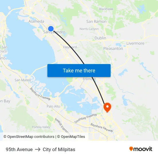 95th Avenue to City of Milpitas map