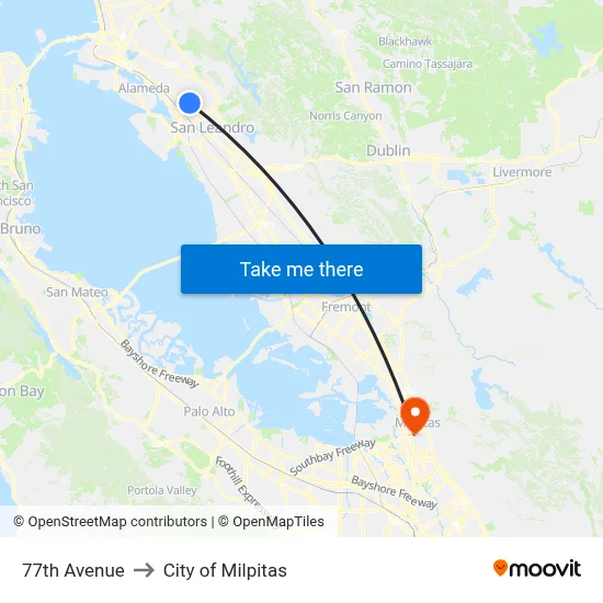 77th Avenue to City of Milpitas map