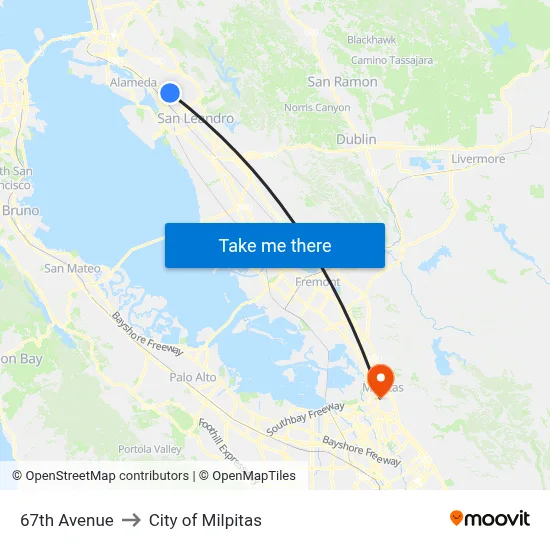 67th Avenue to City of Milpitas map
