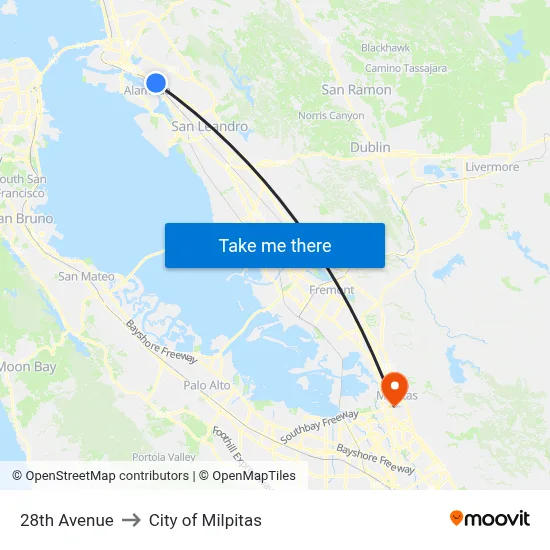 28th Avenue to City of Milpitas map