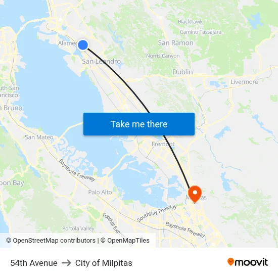 54th Avenue to City of Milpitas map