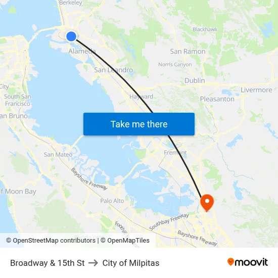 Broadway & 15th St to City of Milpitas map