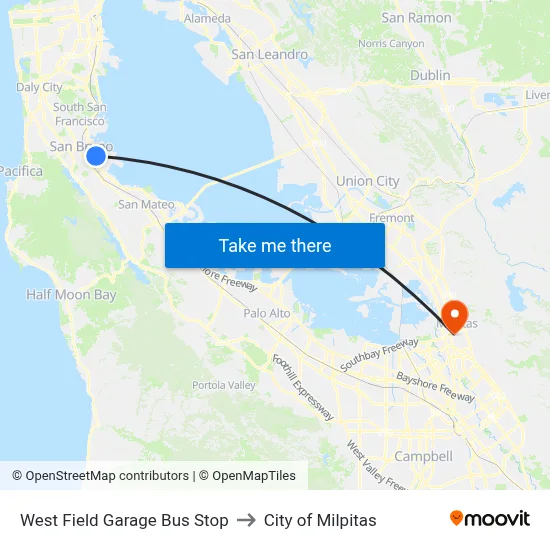 West Field Garage Bus Stop to City of Milpitas map