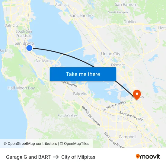 Garage G and BART to City of Milpitas map