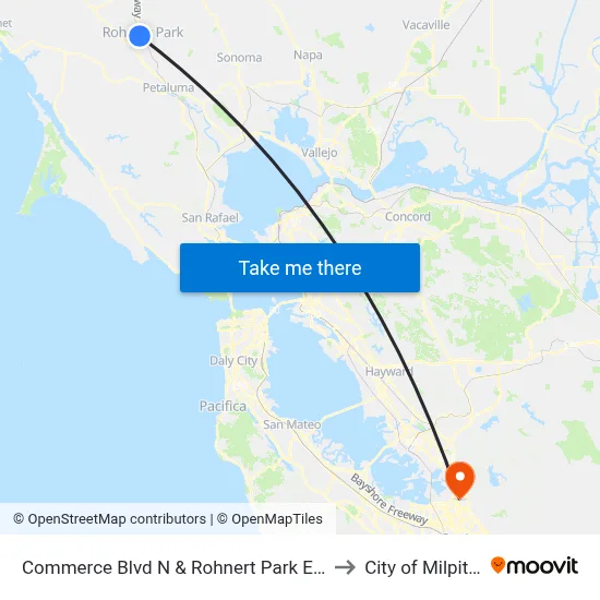 Commerce Blvd N & Rohnert Park Expy to City of Milpitas map