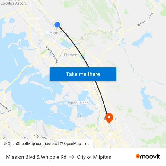 Mission Blvd & Whipple Rd to City of Milpitas map