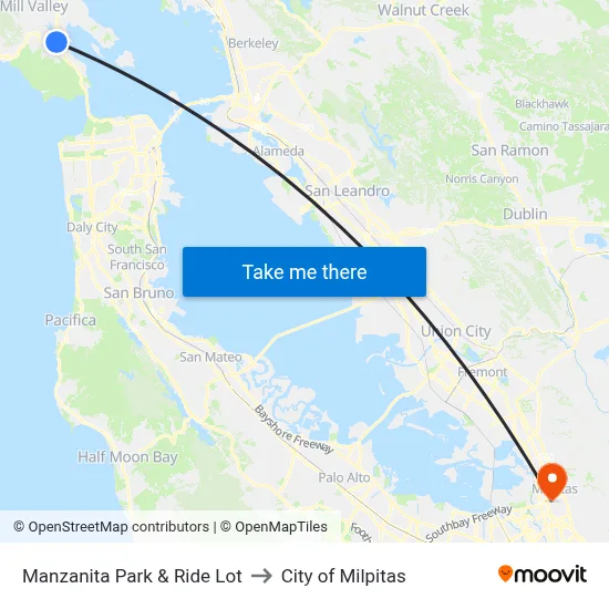 Manzanita Park & Ride Lot to City of Milpitas map