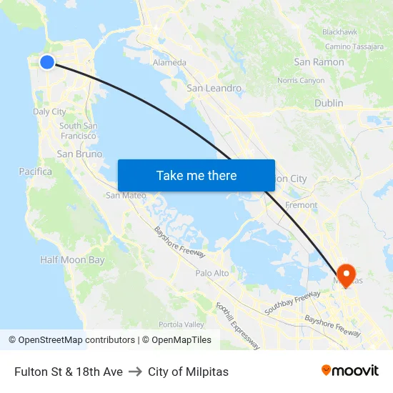 Fulton St & 18th Ave to City of Milpitas map