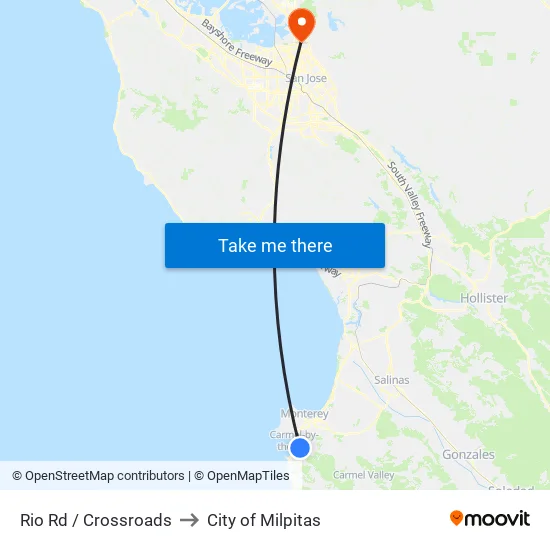 Rio Rd / the Crossroads Carmel (Opp) to City of Milpitas map