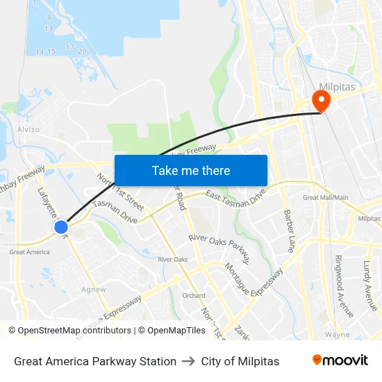 Great America Parkway Station to City of Milpitas map