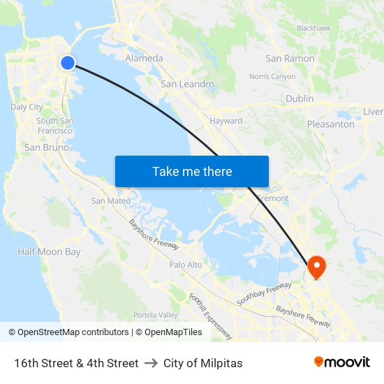 16th Street & 4th Street to City of Milpitas map