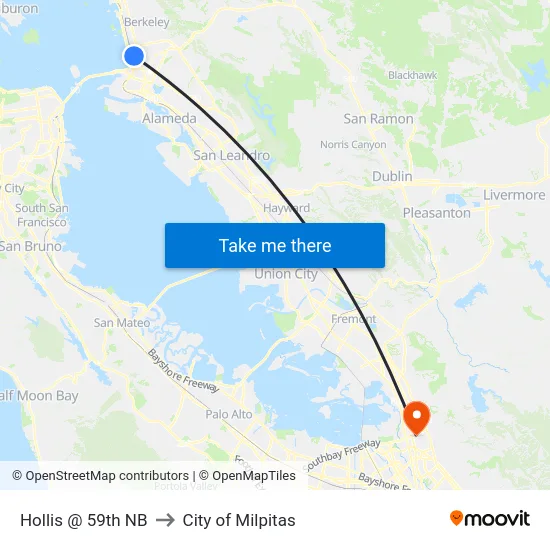 Hollis @ 59th NB to City of Milpitas map