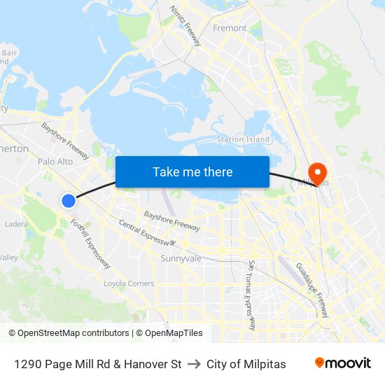 1290 Page Mill Rd & Hanover St to City of Milpitas map