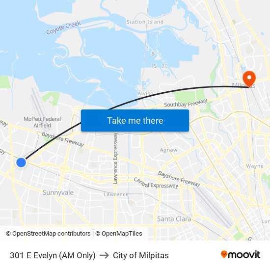 301 E Evelyn (AM Only) to City of Milpitas map