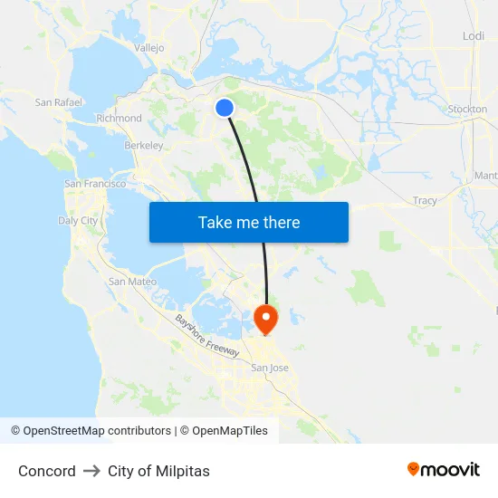 Concord to City of Milpitas map