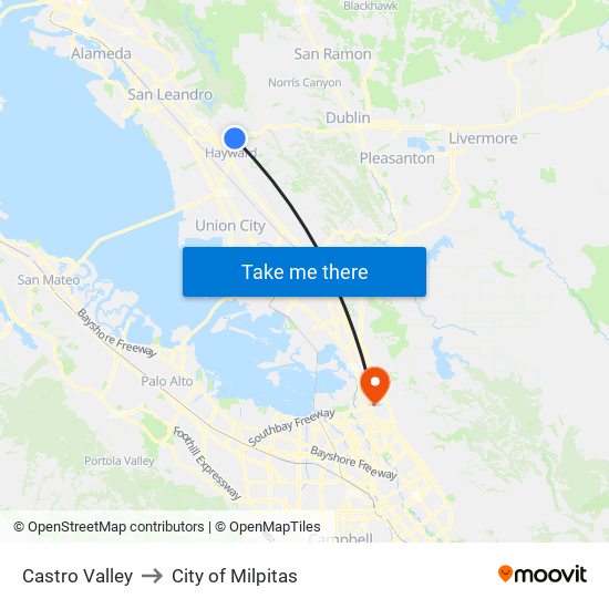 Castro Valley to City of Milpitas map