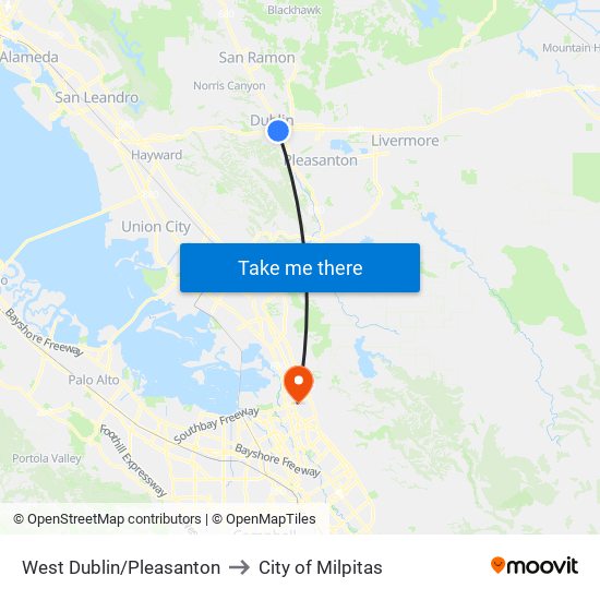 West Dublin/Pleasanton to City of Milpitas map