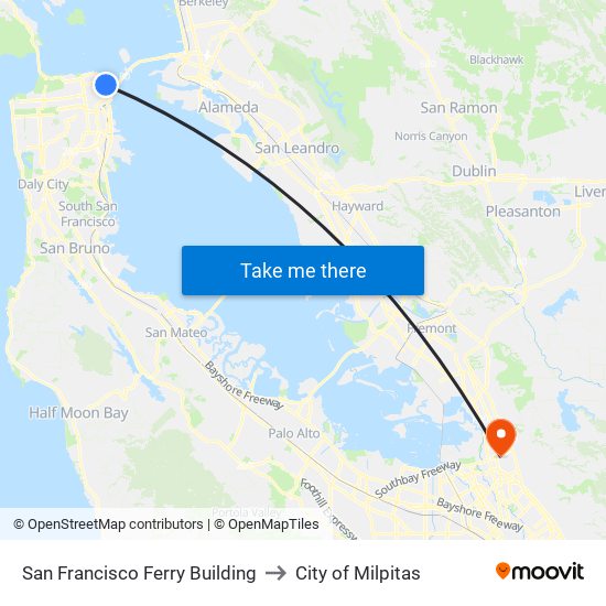 San Francisco Ferry Building to City of Milpitas map