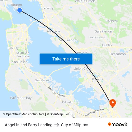 Angel Island Ferry Landing to City of Milpitas map