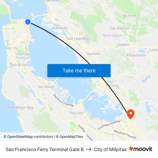 San Francisco Ferry Terminal Gate B to City of Milpitas map