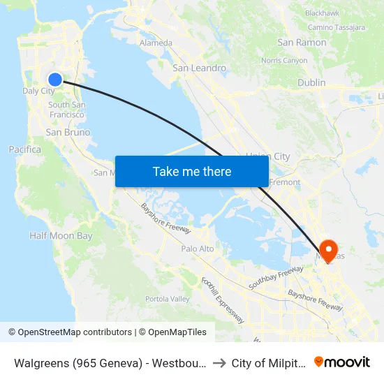 Walgreens (965 Geneva) - Westbound to City of Milpitas map